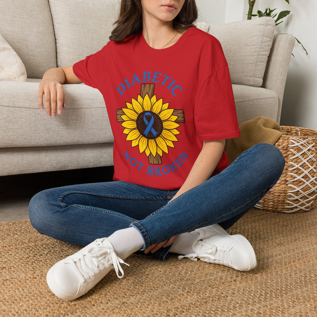 Diabetic Not Broken T-Shirt — Sunflower & Blue Awareness Ribbon