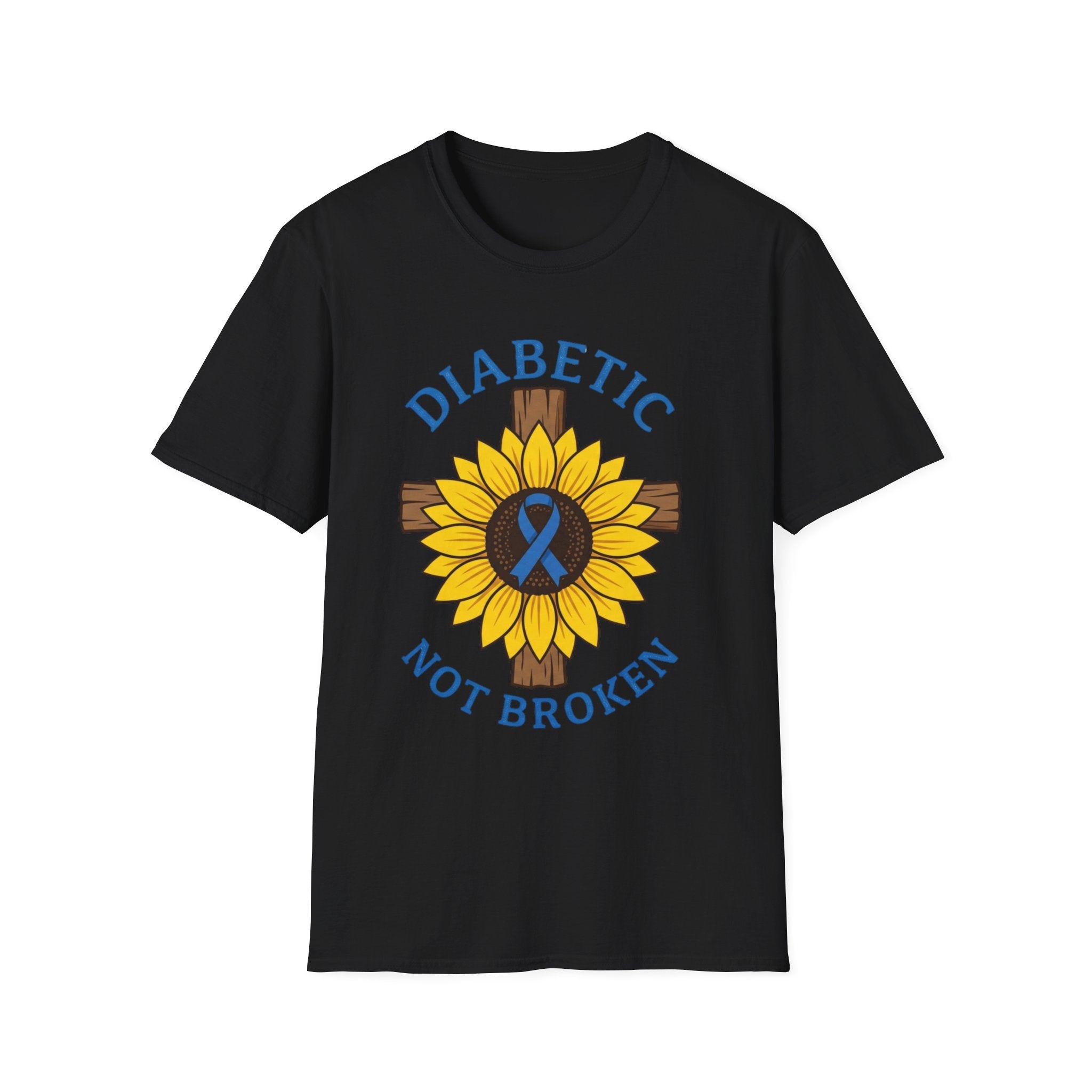 Diabetic Not Broken T-Shirt — Sunflower & Blue Awareness Ribbon