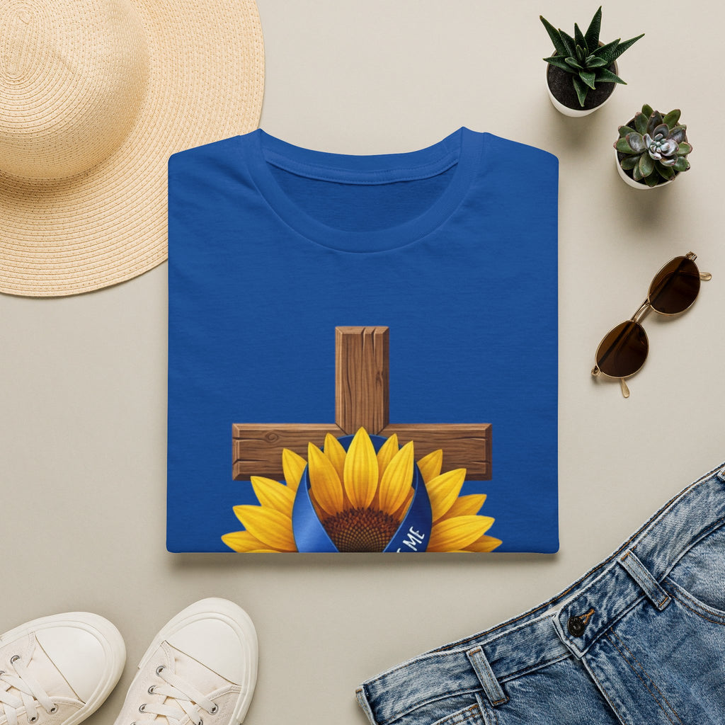 Faith Sunflower T‑Shirt — Wooden Cross with Blue Awareness Ribbon