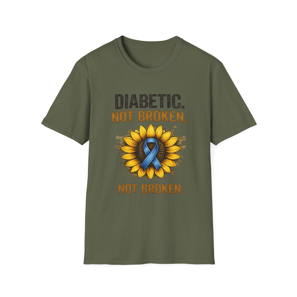 Diabetic Not Broken T-Shirt — Sunflower & Blue Ribbon Diabetes Awareness Tee