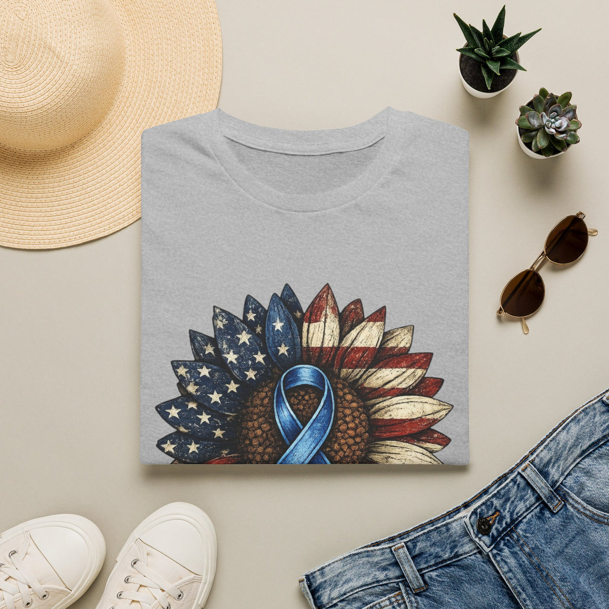 Flag Sunflower T-Shirt with Blue Awareness Ribbon — Sunflowers & Faith