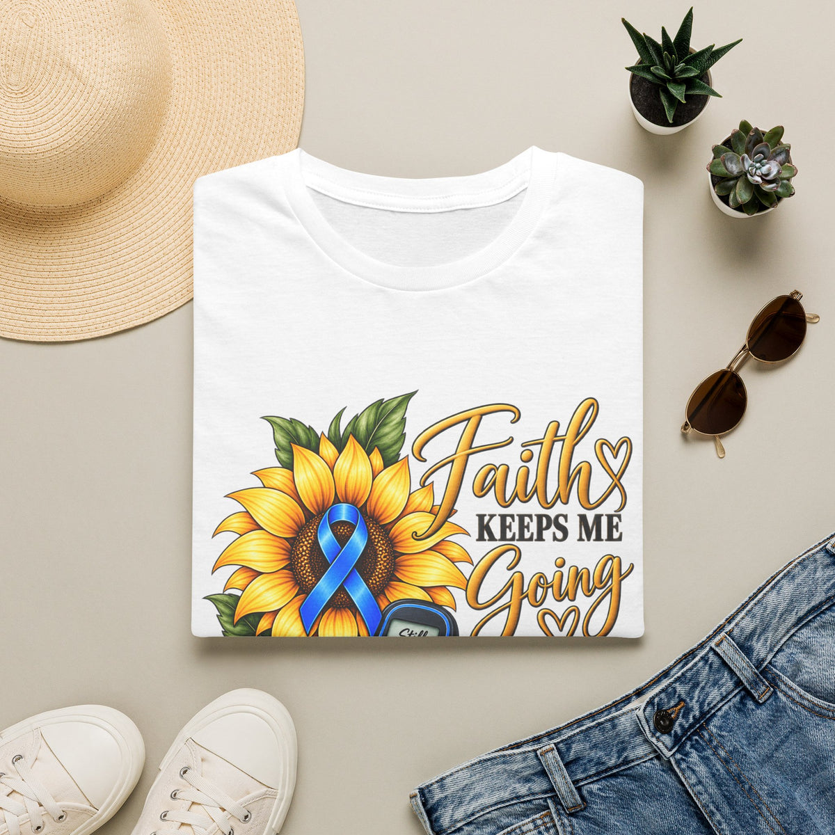 Faith Keeps Me Going T-Shirt — Sunflower & Blue Ribbon Diabetes Awareness