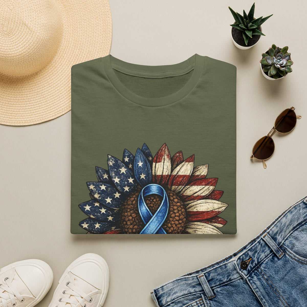 Flag Sunflower T-Shirt with Blue Awareness Ribbon — Sunflowers & Faith