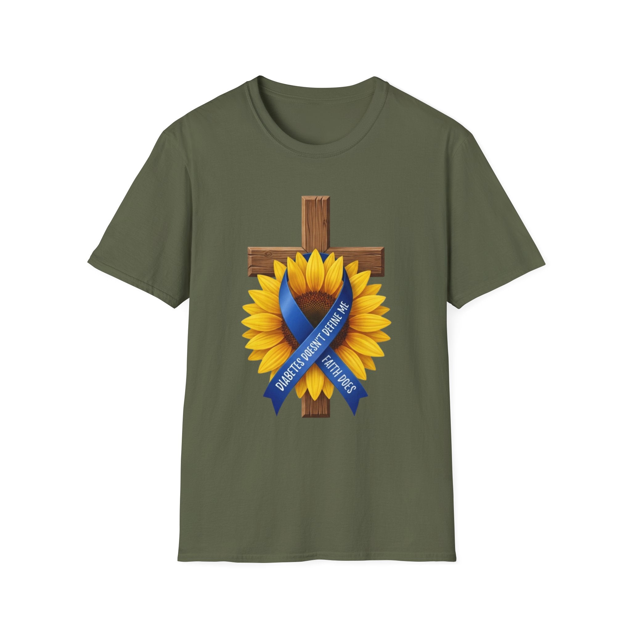 Faith Sunflower T‑Shirt — Wooden Cross with Blue Awareness Ribbon