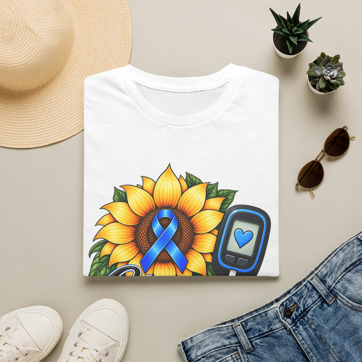 Diabetes Awareness T-Shirt — "Stronger Than Yesterday" Sunflower Ribbon Design
