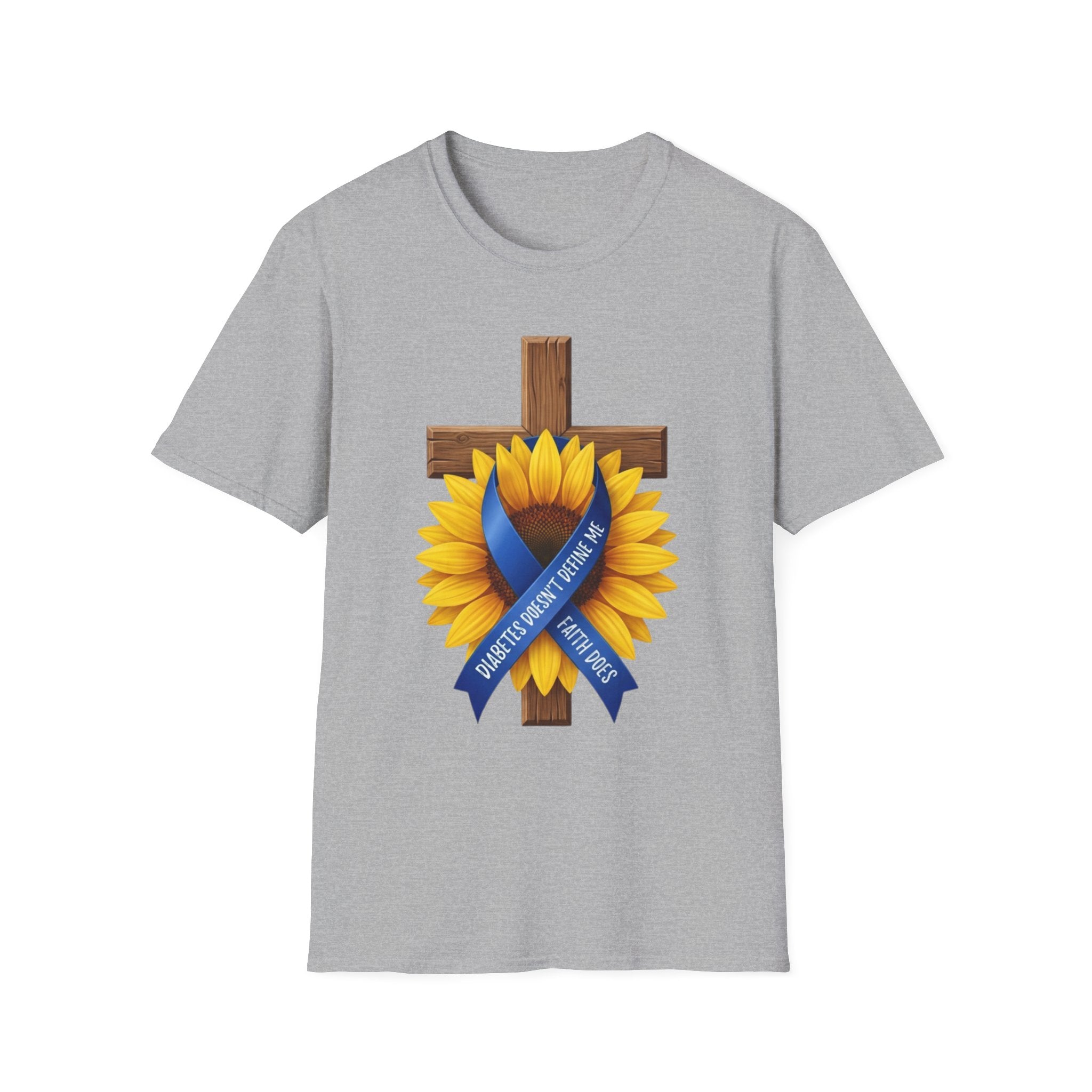 Faith Sunflower T‑Shirt — Wooden Cross with Blue Awareness Ribbon