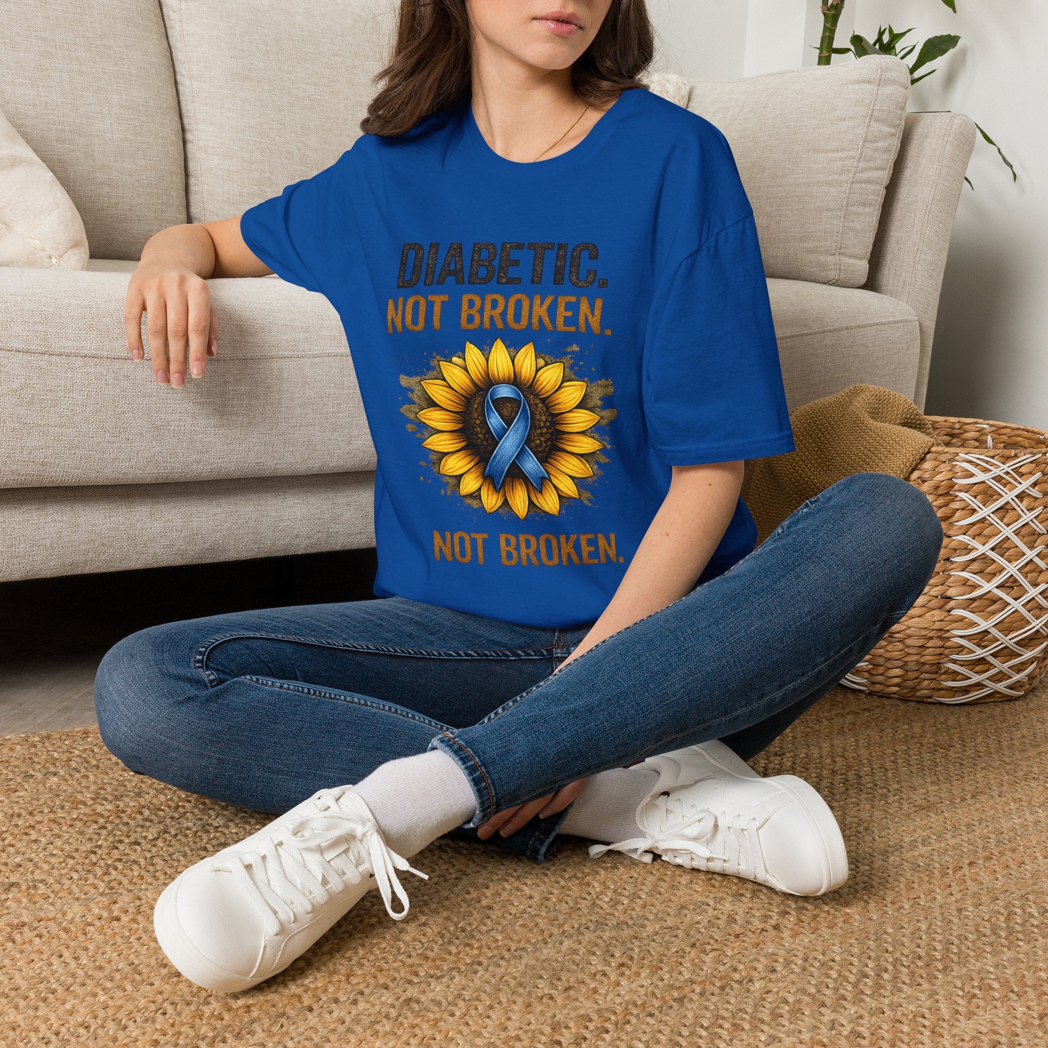 Diabetic Not Broken T-Shirt — Sunflower & Blue Ribbon Diabetes Awareness Tee