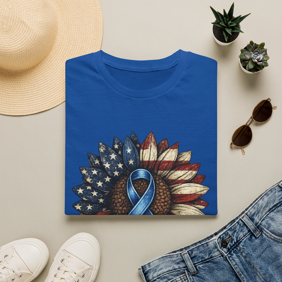 Flag Sunflower T-Shirt with Blue Awareness Ribbon — Sunflowers & Faith