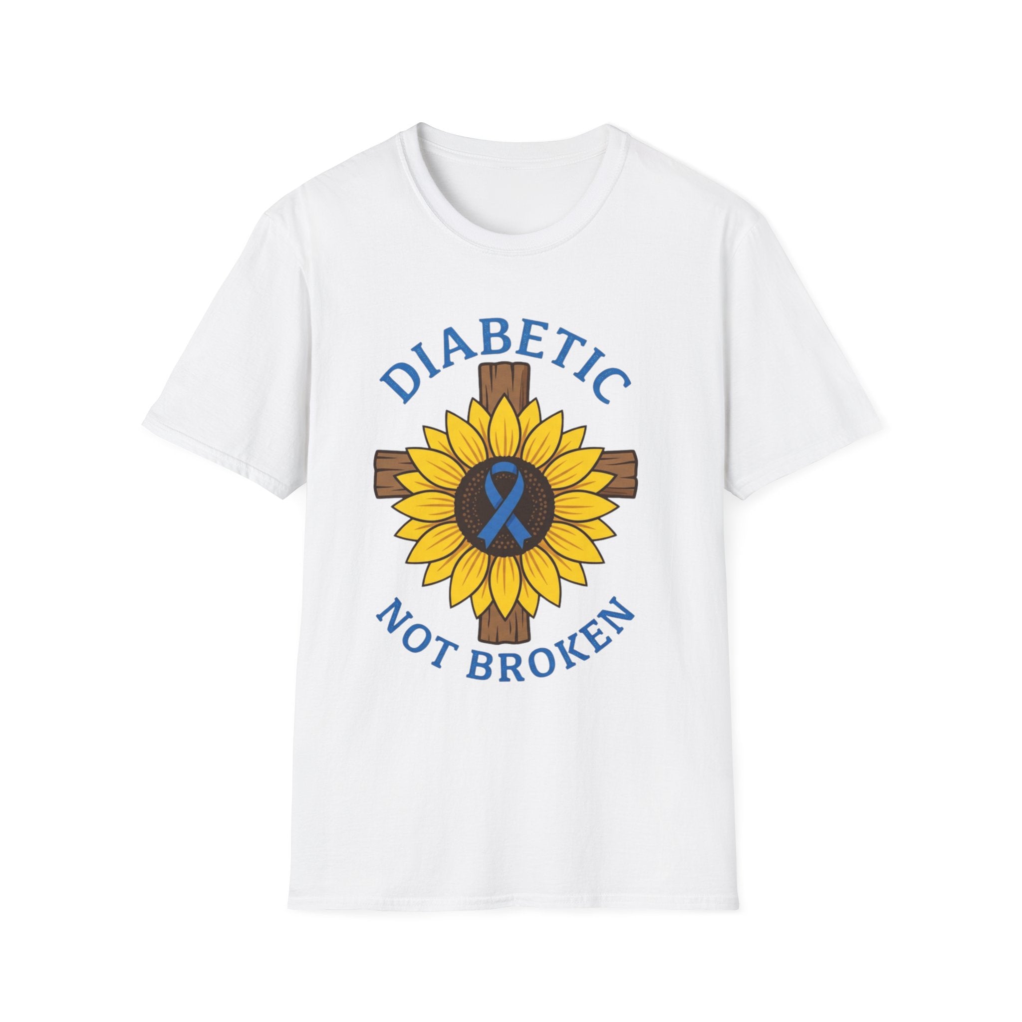 Diabetic Not Broken T-Shirt — Sunflower & Blue Awareness Ribbon